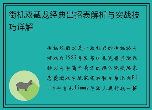 街机双截龙经典出招表解析与实战技巧详解